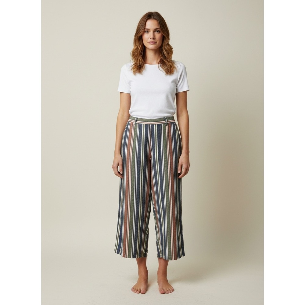 Susan Graver Linen Blend Striped Wide Leg Crop Pants XL Green Rust Navy Cream